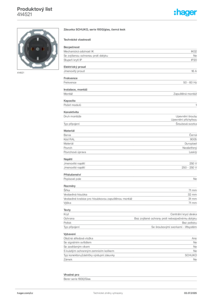 Obrázek Hager Produktový list 414521 | Hager