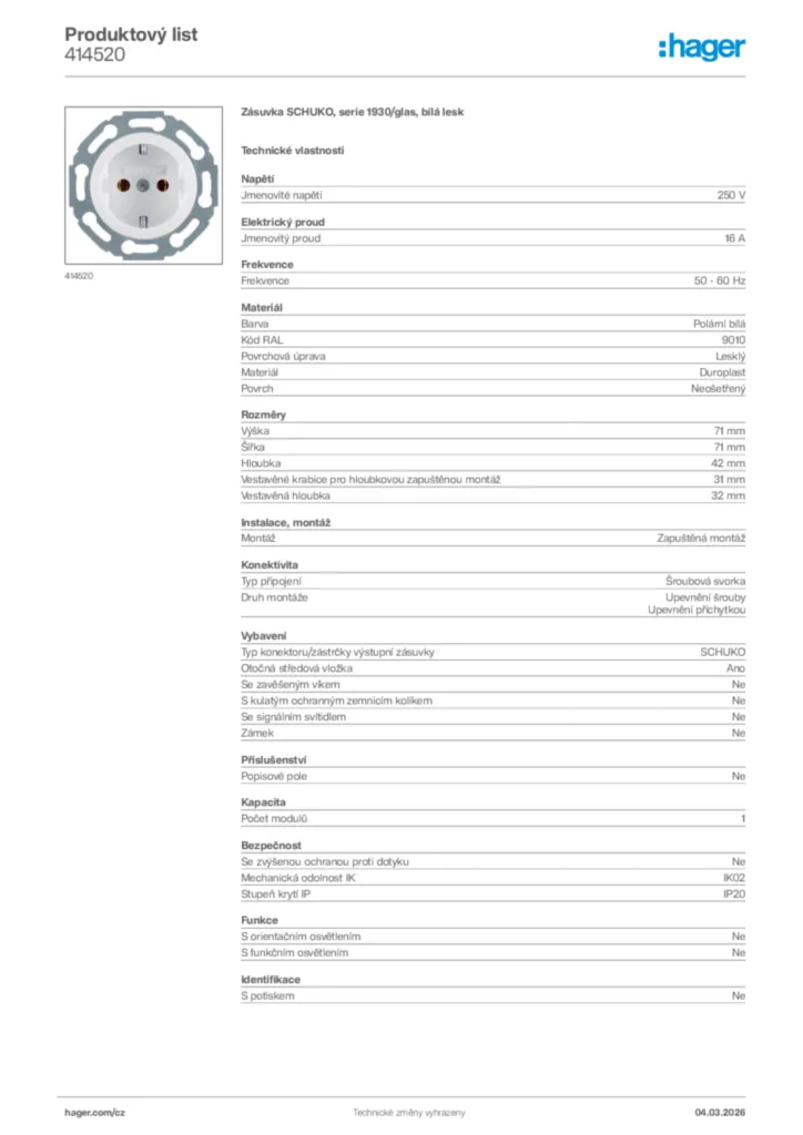 Obrázek Hager Product data sheet 414520 | Hager