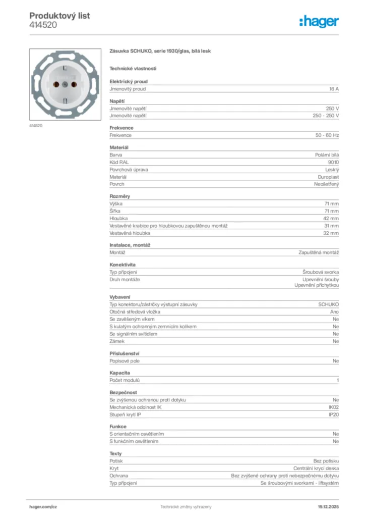 Obrázek Hager Produktový list 414520 | Hager