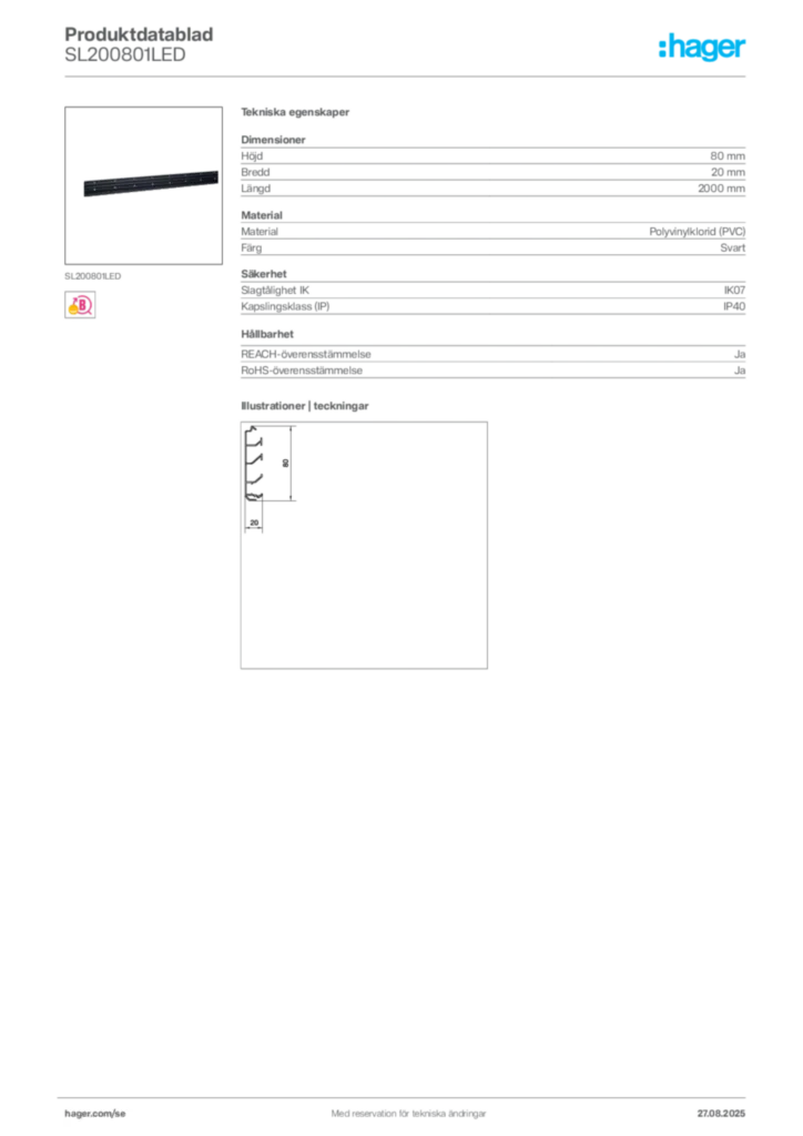 Bild Hager Produktdatablad SL200801LED | Hager Sverige