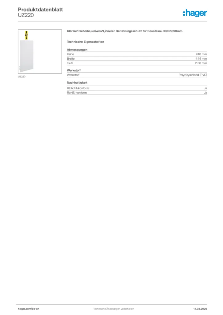 Bild Hager Produktdatenblatt UZ220 | Hager Schweiz