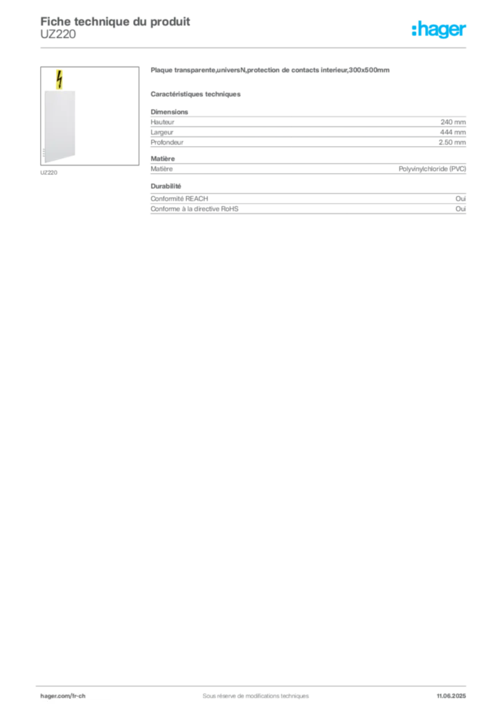 Image Hager Fiche technique du produit UZ220 | Hager Suisse