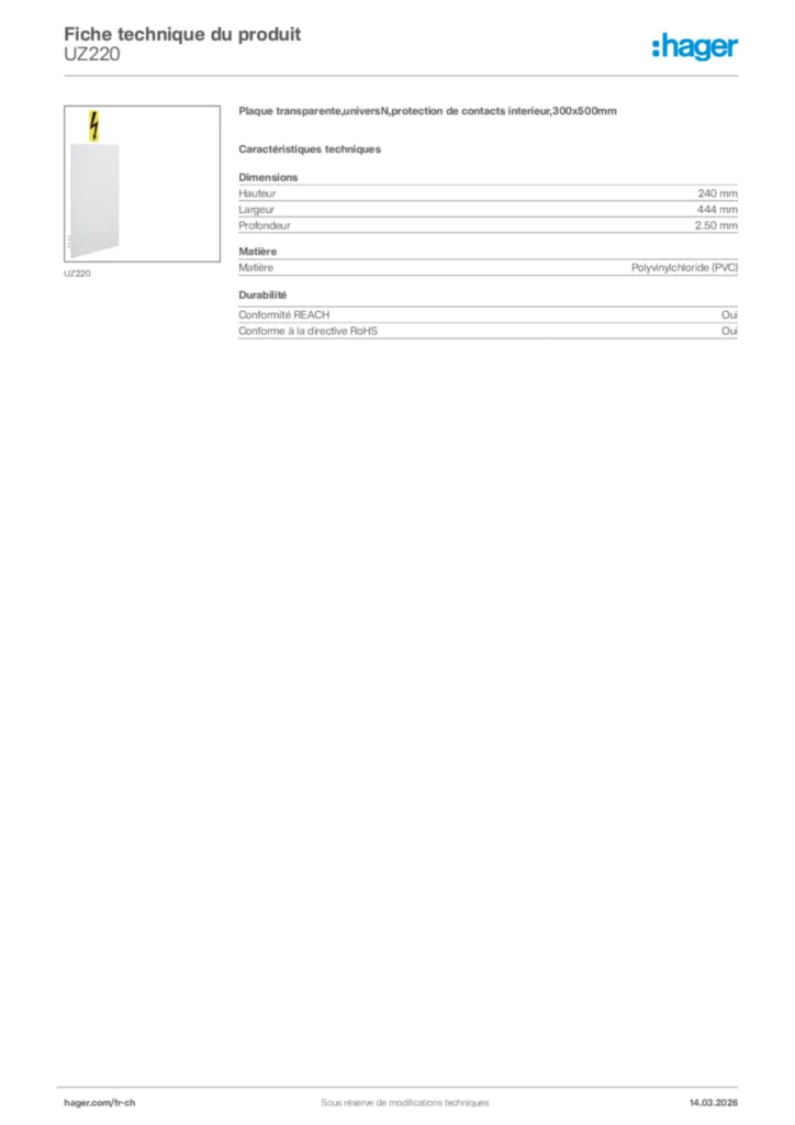 Image Hager Fiche technique du produit UZ220 | Hager Suisse