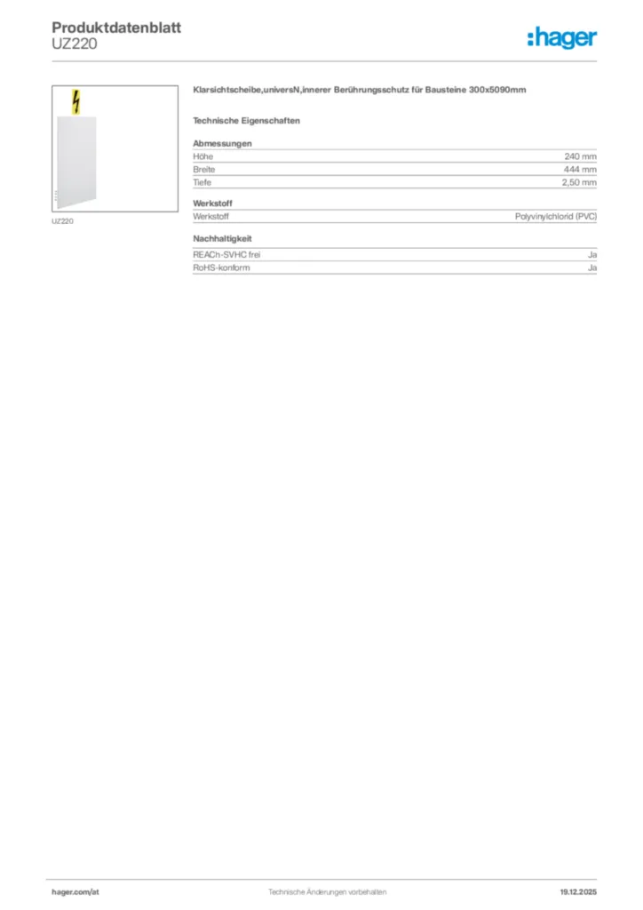Bild Hager Produktdatenblatt UZ220 | Hager Deutschland