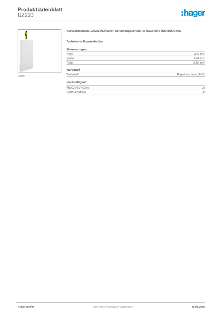 Bild Hager Produktdatenblatt UZ220 | Hager Deutschland