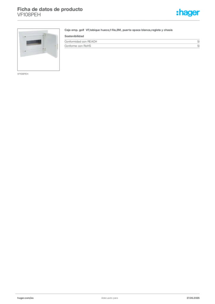 Imagen Hager Ficha de datos de producto VF108PEH | Hager España