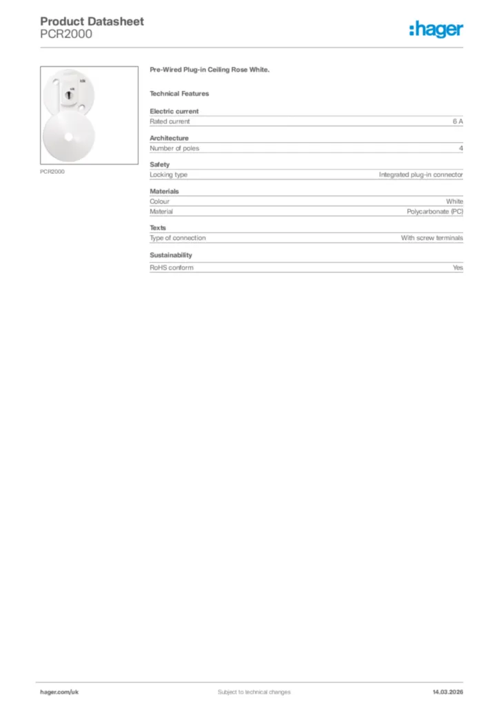 Image Hager Product data sheet PCR2000  | Hager
