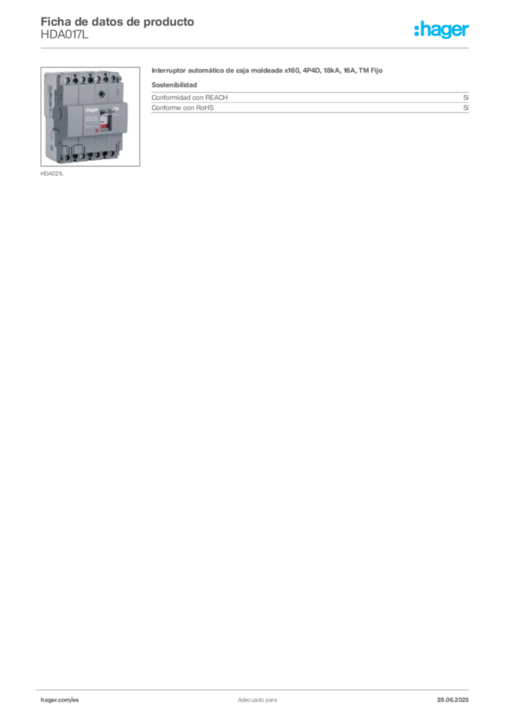 Imagen Hager Ficha de datos de producto HDA017L | Hager España