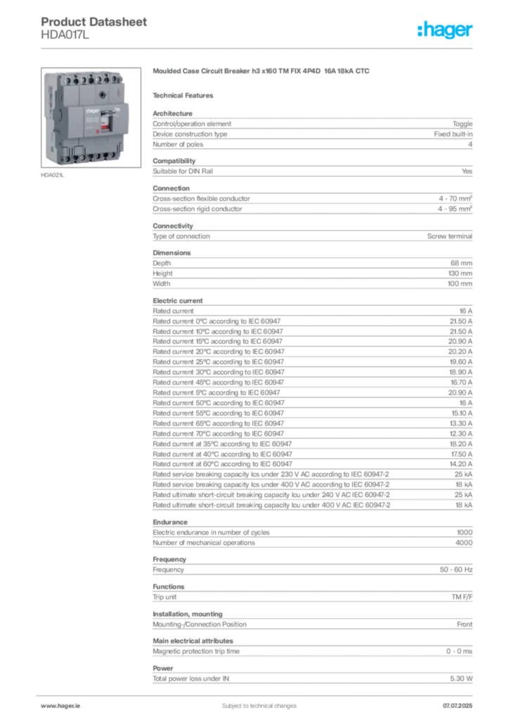 Image Hager Product data sheet HDA017L  | Hager