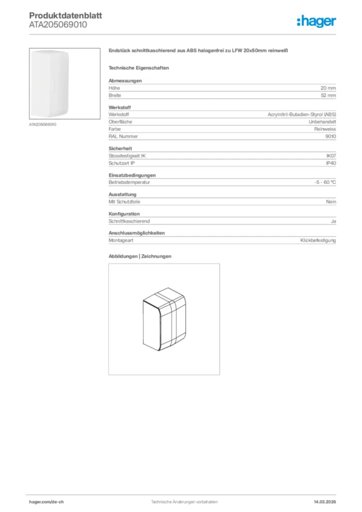 Bild Hager Produktdatenblatt ATA205069010 | Hager Schweiz