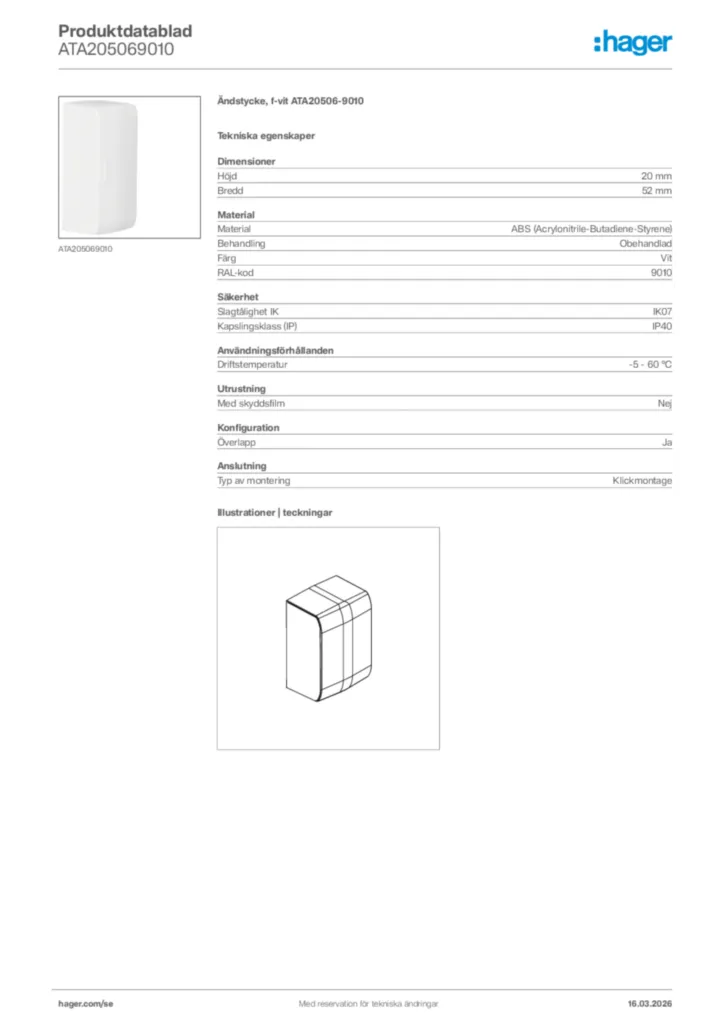 Bild Hager Produktdatablad ATA205069010 | Hager Sverige