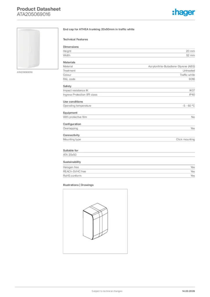 Image Hager Product data sheet ATA205069016  | Hager Africa