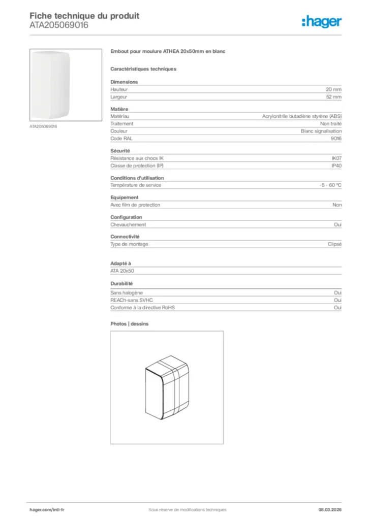 Image Hager Fiche technique du produit ATA205069016 | Hager Afrique