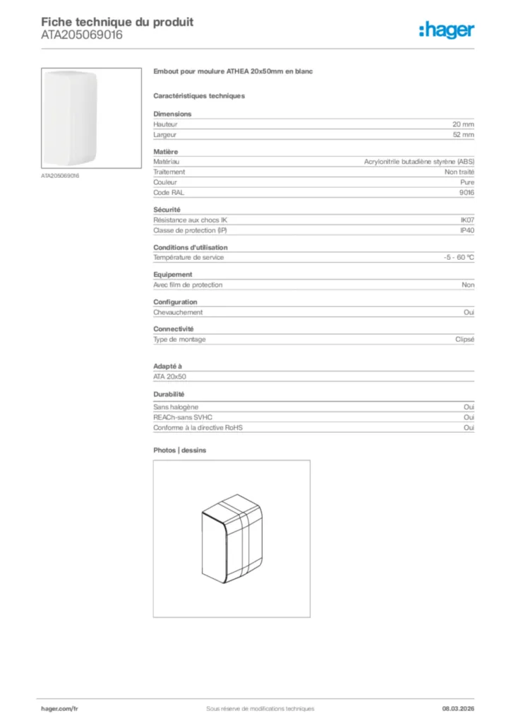 Image Hager Fiche technique du produit ATA205069016 | Hager France