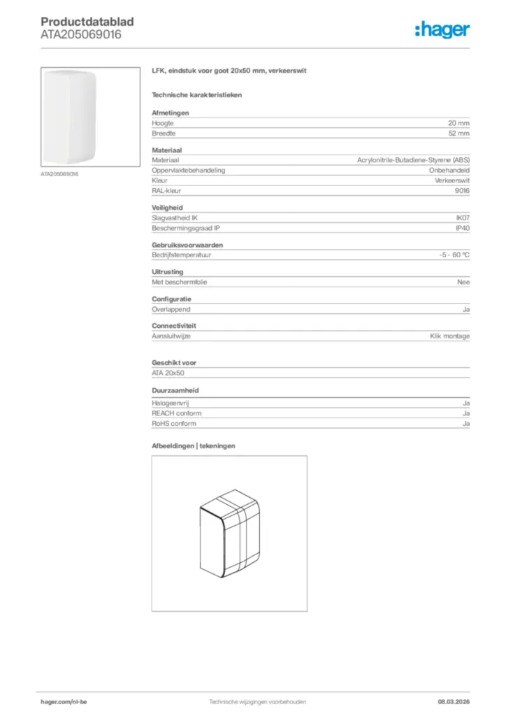 Afbeelding Hager Productdatablad ATA205069016 | Hager Belgium