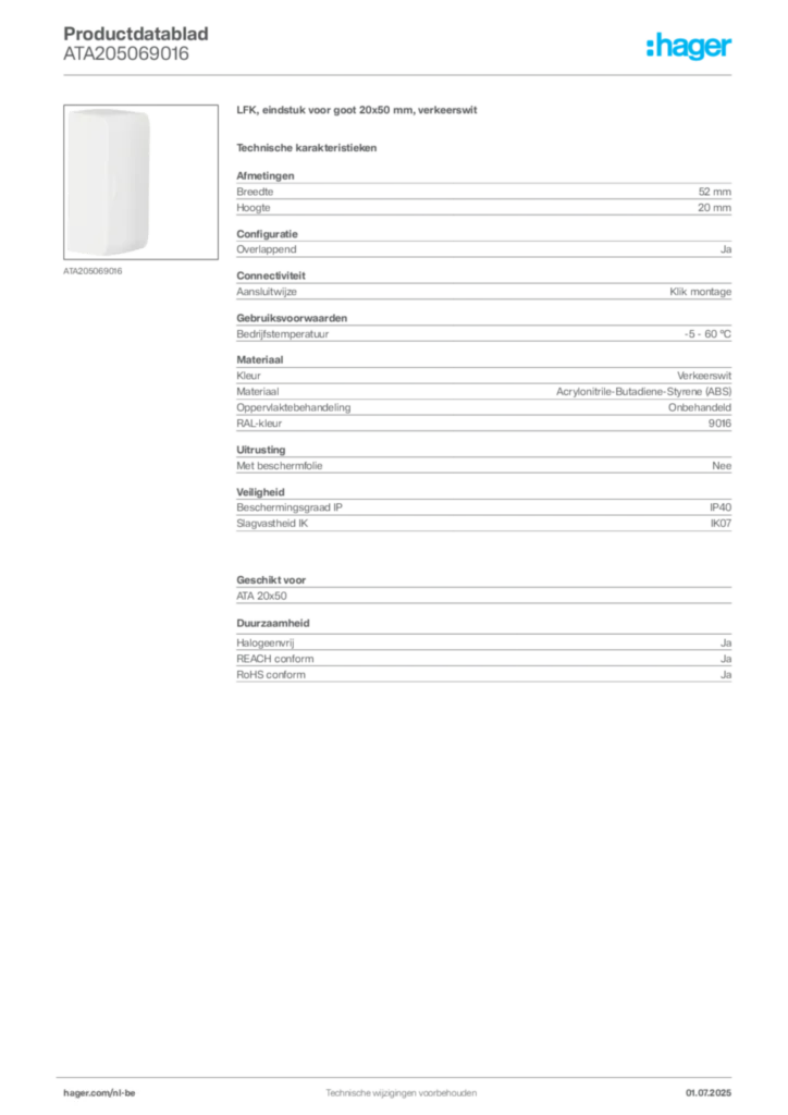 Afbeelding Hager Productdatablad ATA205069016 | Hager Belgium