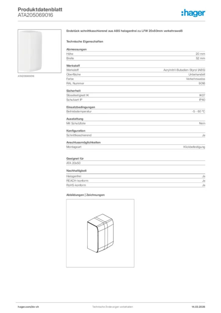 Bild Hager Produktdatenblatt ATA205069016 | Hager Schweiz