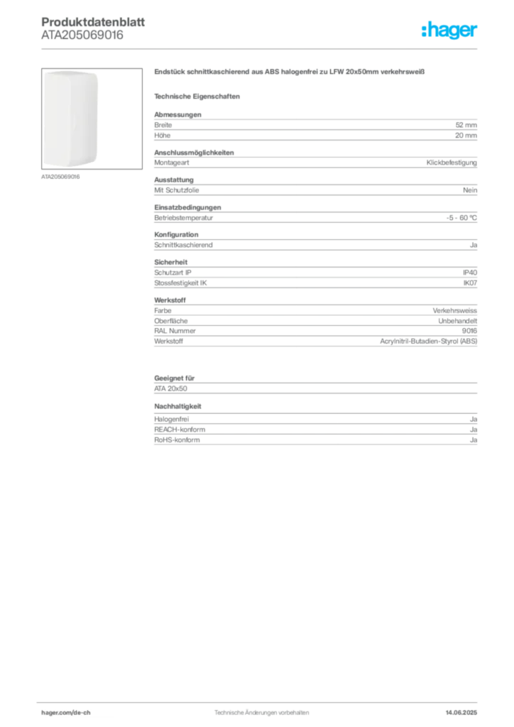 Bild Hager Produktdatenblatt ATA205069016 | Hager Schweiz
