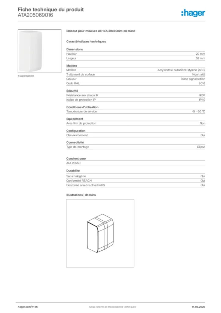 Image Hager Fiche technique du produit ATA205069016 | Hager Suisse