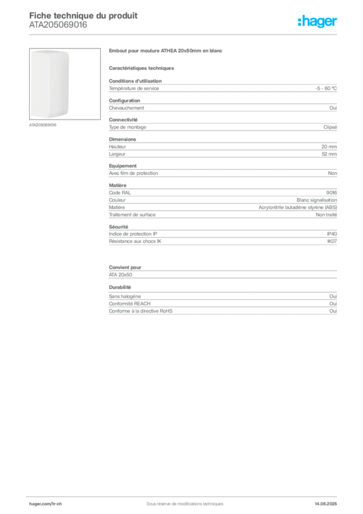 Image Hager Fiche technique du produit ATA205069016 | Hager Suisse