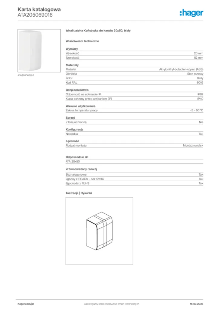 Zdjęcie Hager Karta katalogowa ATA205069016 | Hager Polska
