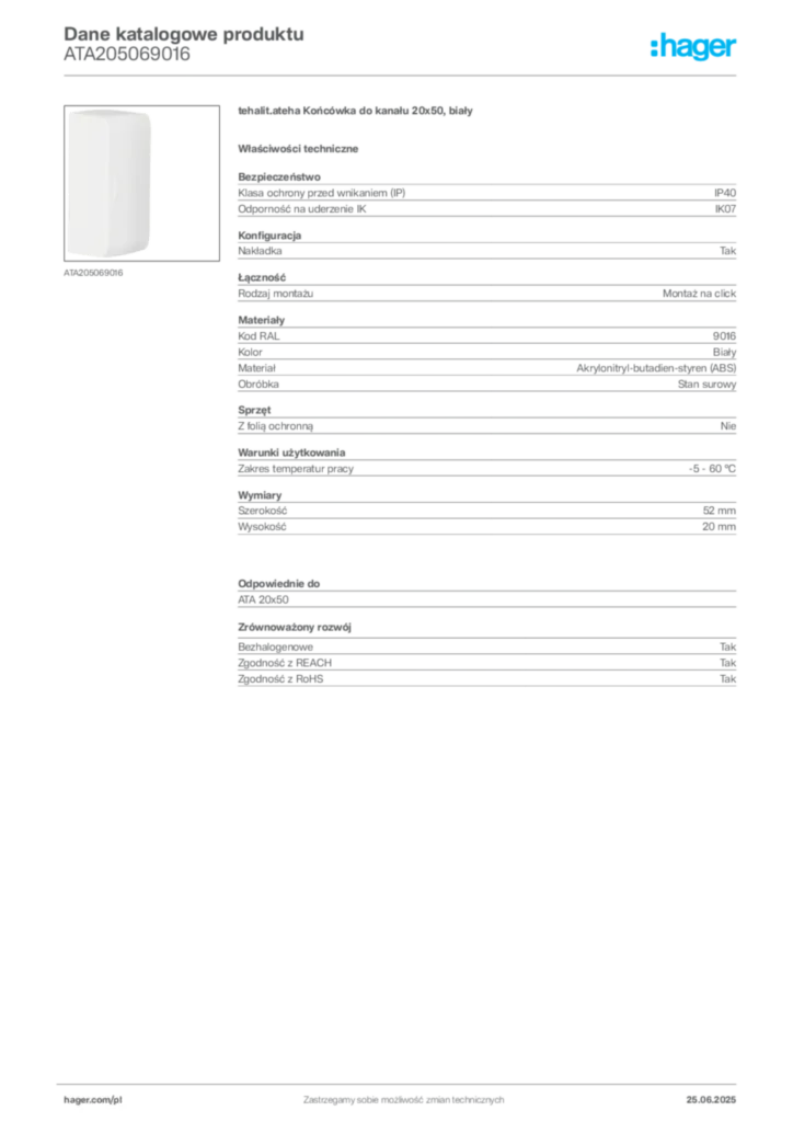 Zdjęcie Hager Karta katalogowa ATA205069016 | Hager Polska