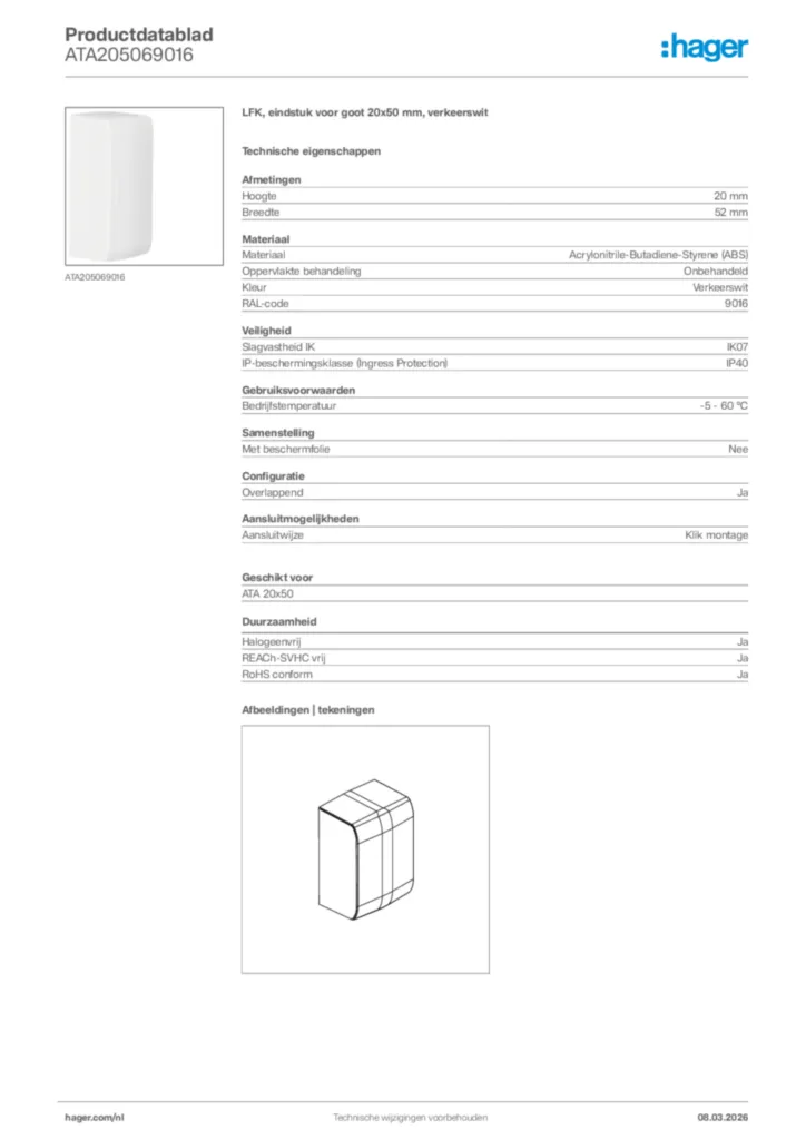 Afbeelding Hager Productdatablad ATA205069016 | Hager Nederland
