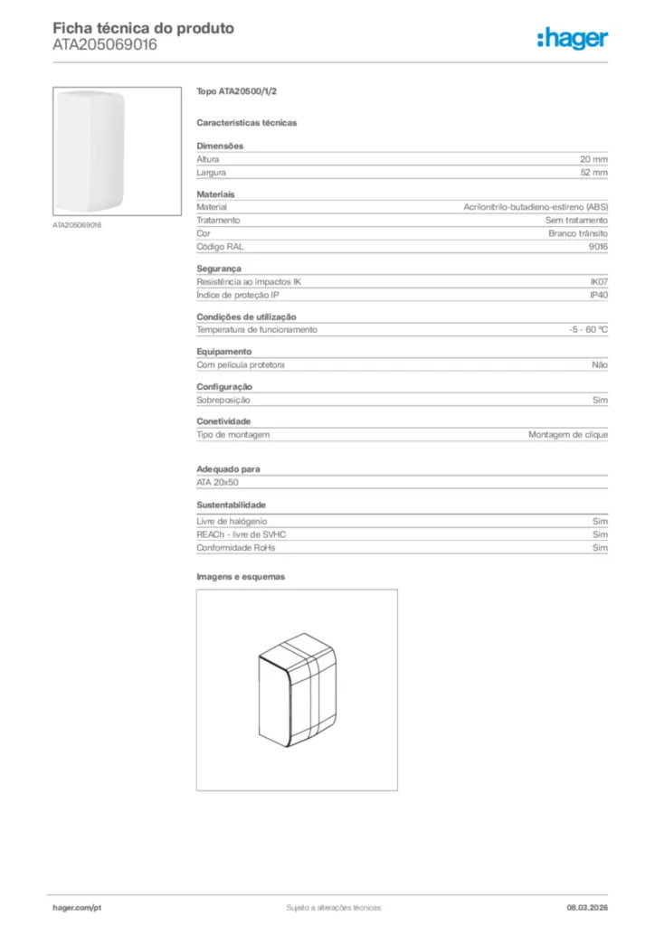 Imagem Hager Ficha técnica do produto ATA205069016 | Hager Portugal