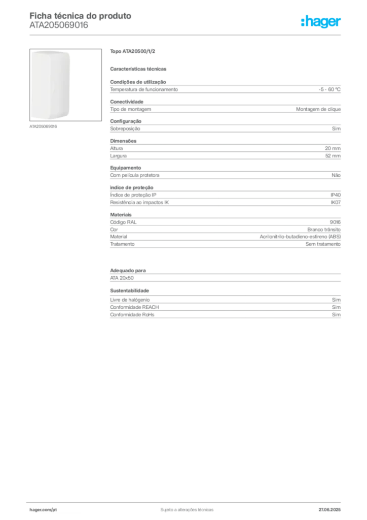 Imagem Hager Ficha técnica do produto ATA205069016 | Hager Portugal