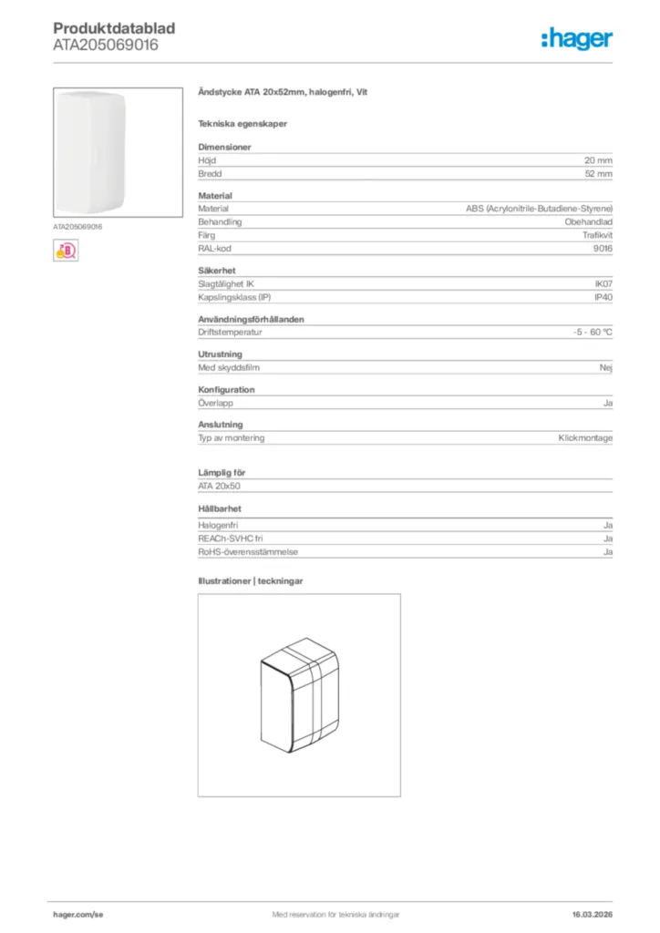 Bild Hager Produktdatablad ATA205069016 | Hager Sverige