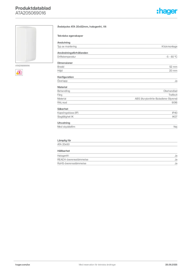 Bild Hager Produktdatablad ATA205069016 | Hager Sverige