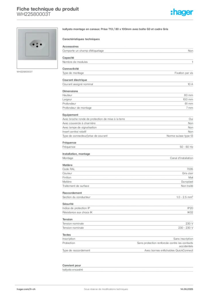 Image Hager Fiche technique du produit WH22580003T | Hager Suisse