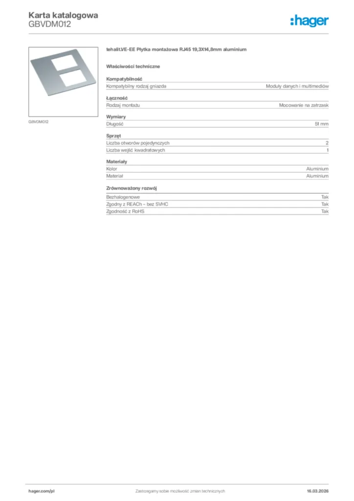 Zdjęcie Hager Karta katalogowa GBVDM012 | Hager Polska