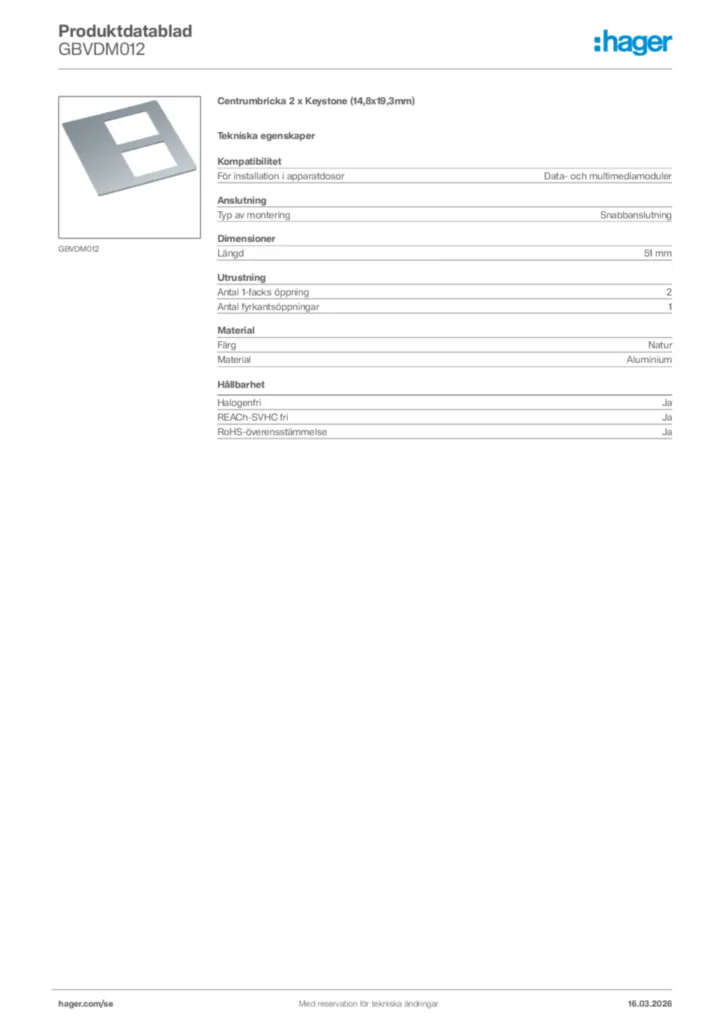 Bild Hager Produktdatablad GBVDM012 | Hager Sverige