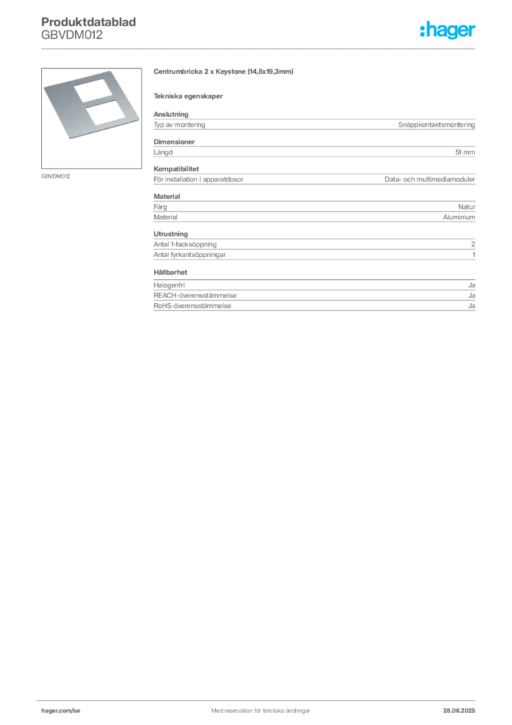 Bild Hager Produktdatablad GBVDM012 | Hager Sverige