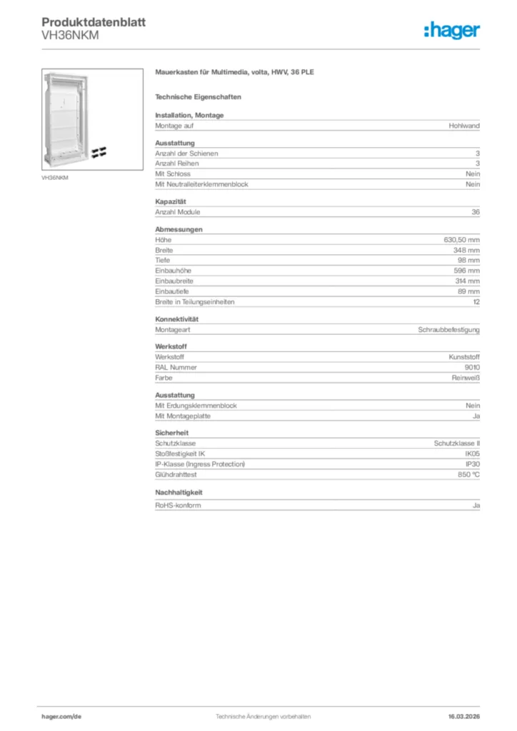 Bild Hager Produktdatenblatt VH36NKM | Hager Deutschland