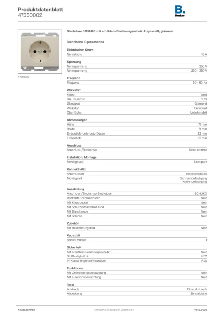 Bild Berker Produktdatenblatt 47350002 | Hager Deutschland