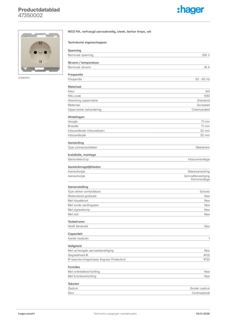 Afbeelding Hager Productdatablad 47350002 | Hager Nederland