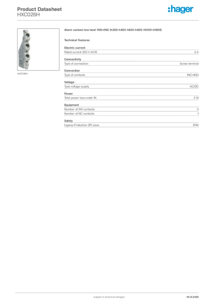 Image Hager Product data sheet HXC026H  | Hager Africa