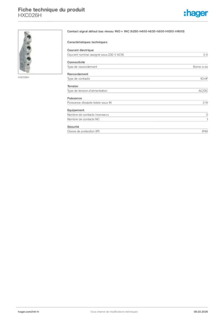 Image Hager Fiche technique du produit HXC026H | Hager Afrique