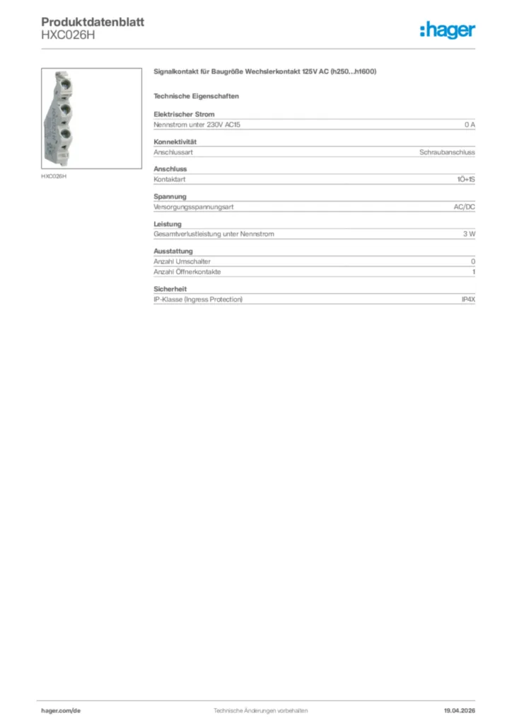 Bild Hager Produktdatenblatt HXC026H | Hager Deutschland