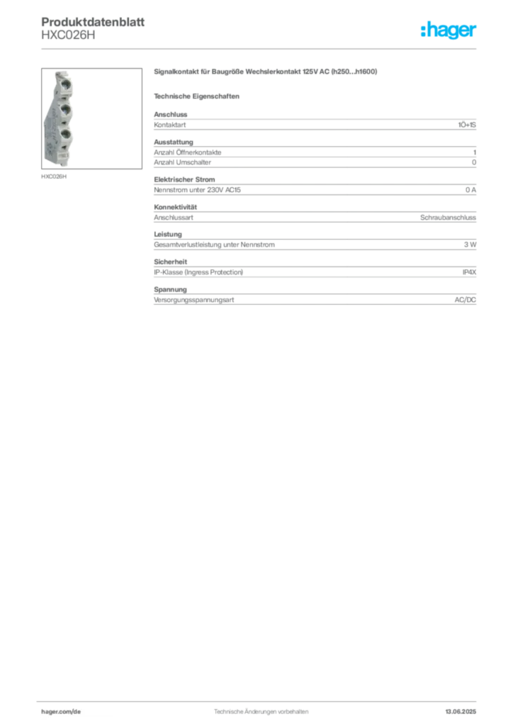 Hager Produktdatenblatt HXC026H