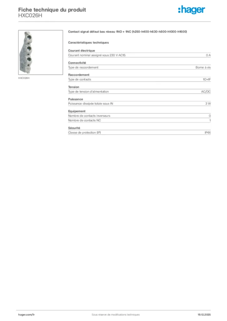 Image Hager Fiche technique du produit HXC026H | Hager France