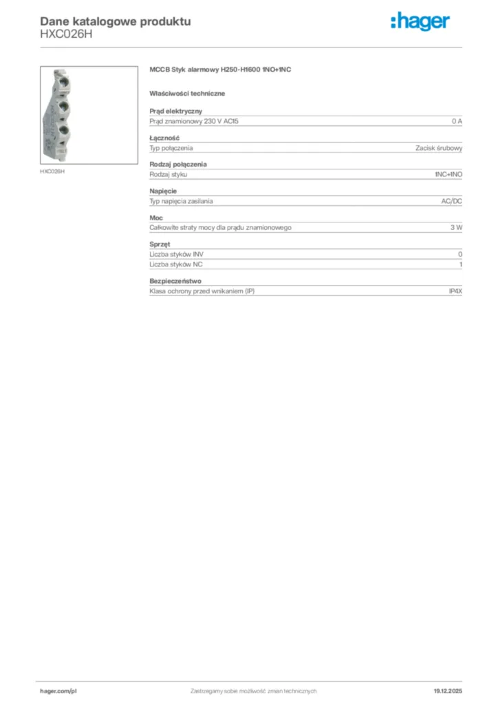 Zdjęcie Hager Karta katalogowa HXC026H | Hager Polska