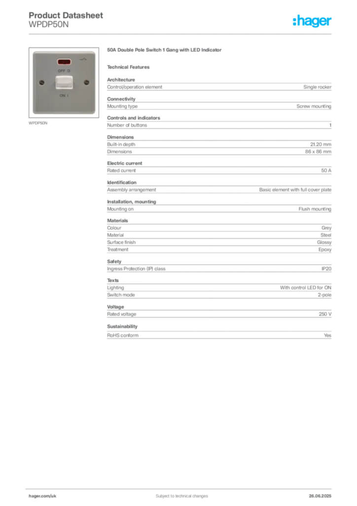 Image Hager Product data sheet WPDP50N  | Hager