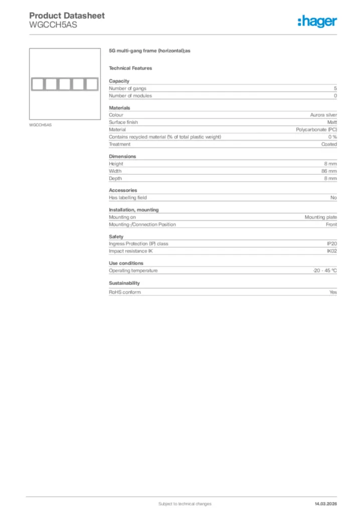 Image Hager Product data sheet WGCCH5AS  | Hager Africa