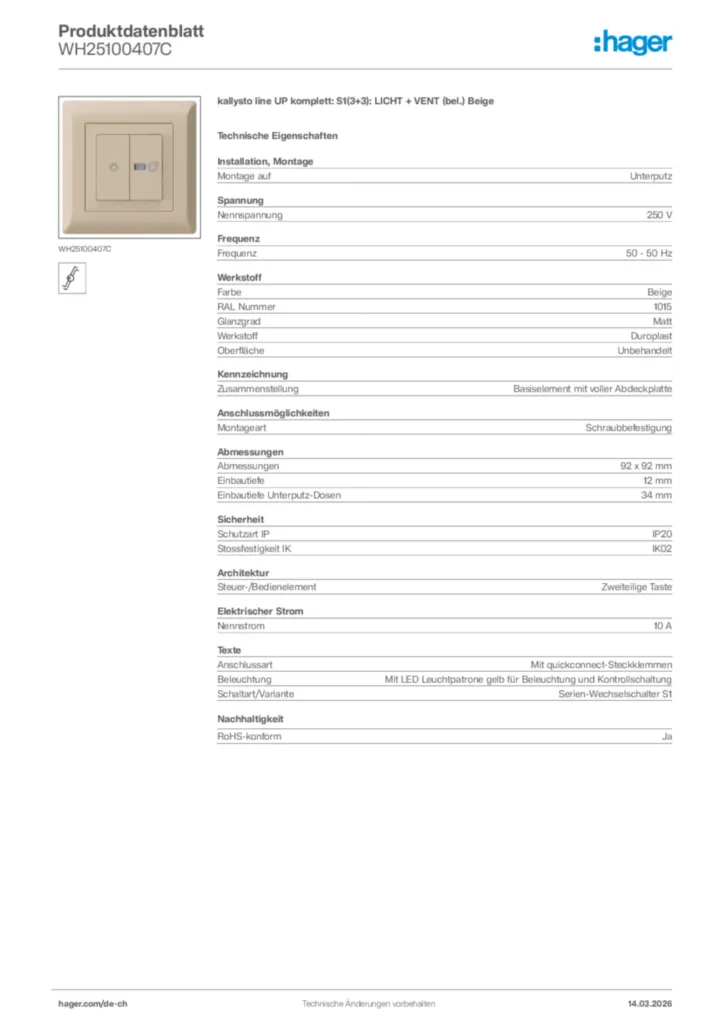 Bild Hager Produktdatenblatt WH25100407C | Hager Schweiz