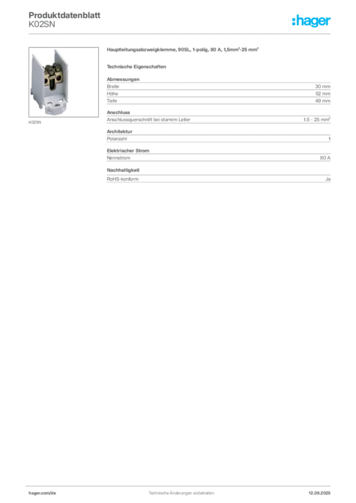 Hager Produktdatenblatt K02SN