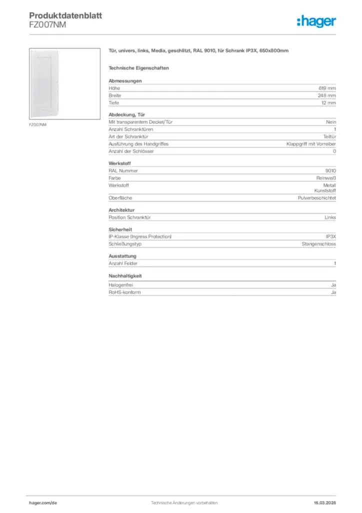 Bild Hager Produktdatenblatt FZ007NM | Hager Deutschland