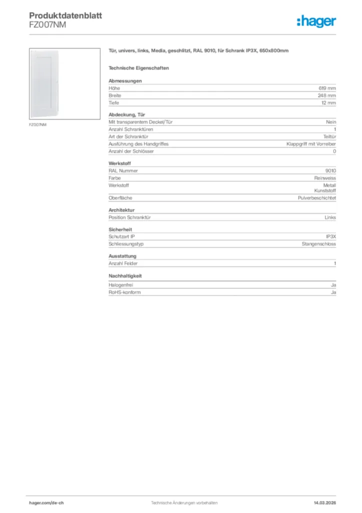 Bild Hager Produktdatenblatt FZ007NM | Hager Schweiz